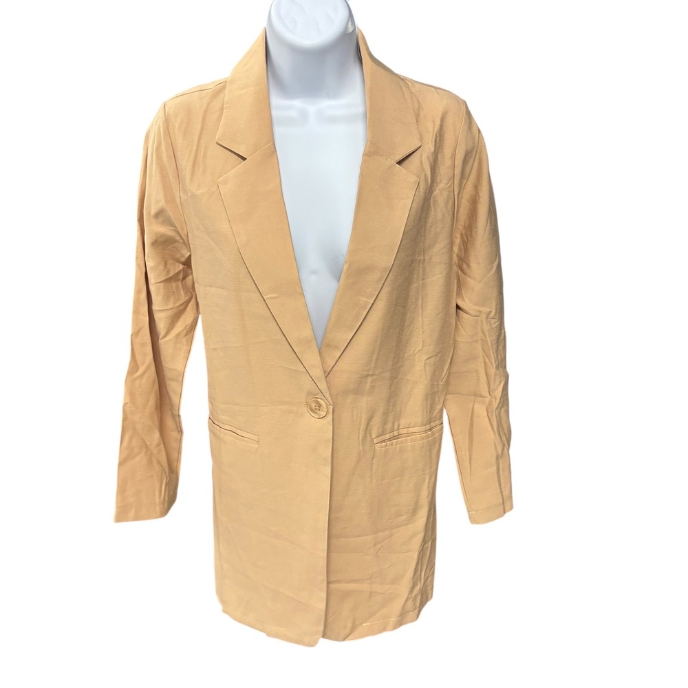 Yijia Fashion Women Beige Single Button‎ Long Sleeve Blazer Jacket Medium